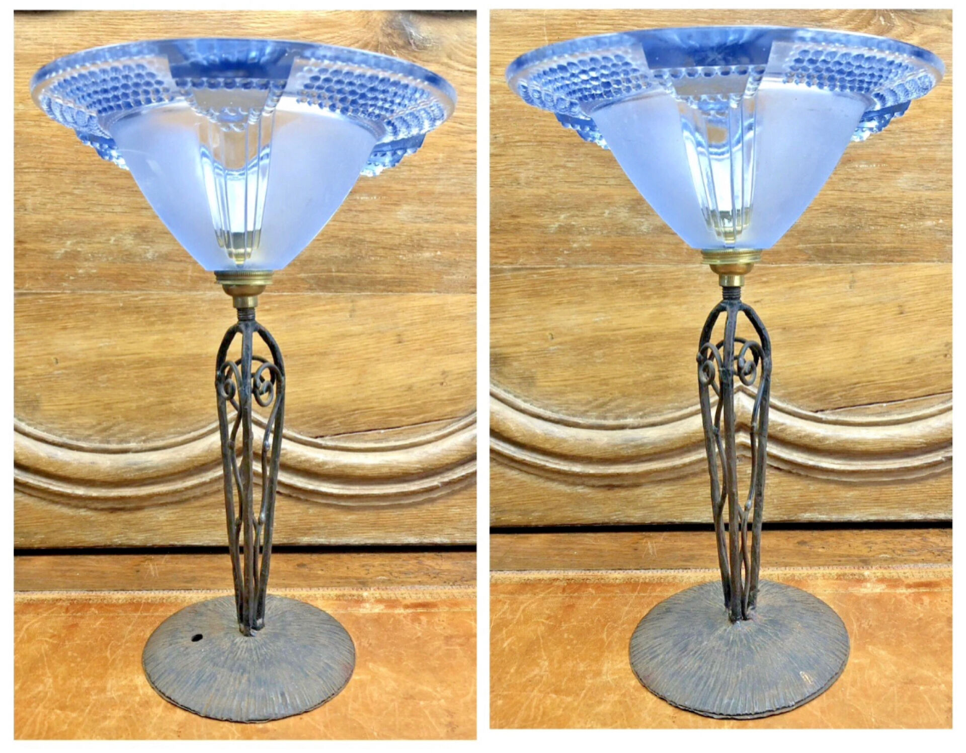 Antique Art Deco lamp from the 1930s, wrought iron with a blue basin in the Ezan style.