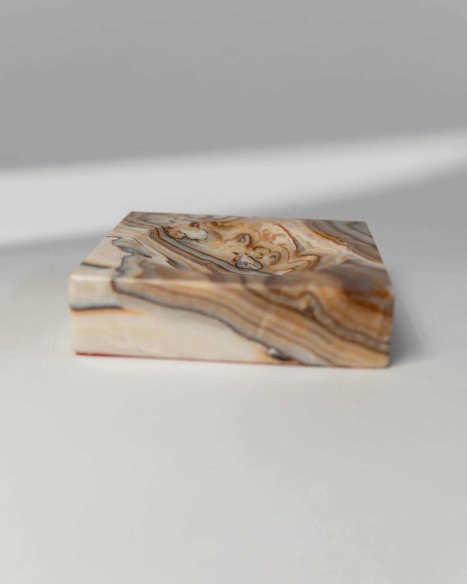 Beige-Black-Brown Marble Ashtray, Italian 1970s Design, Heavy Sculptural Table Decor