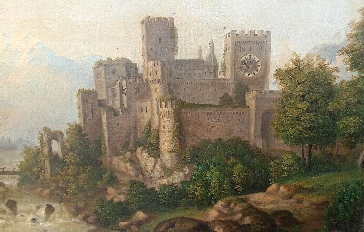 Large Antique Castle Landscape Painting, Oil On Canvas Signed Kraft 1850