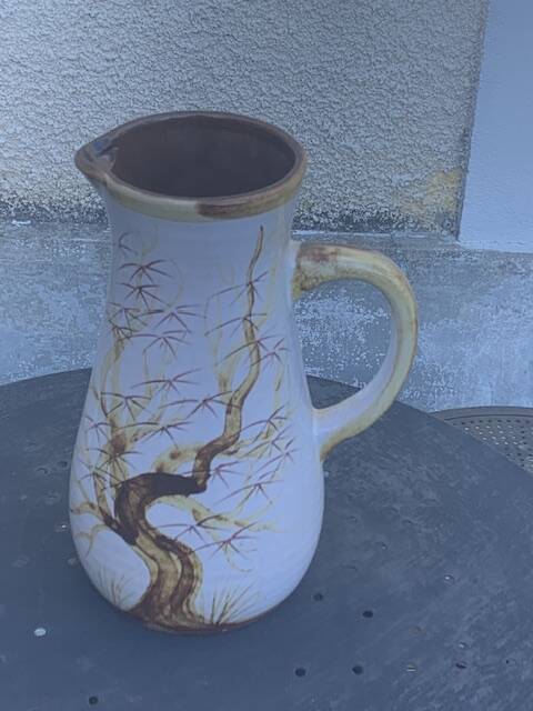 Vase, enameled ceramic jug, chiseled tree motif, west germany vintage 1970, numbered 3047