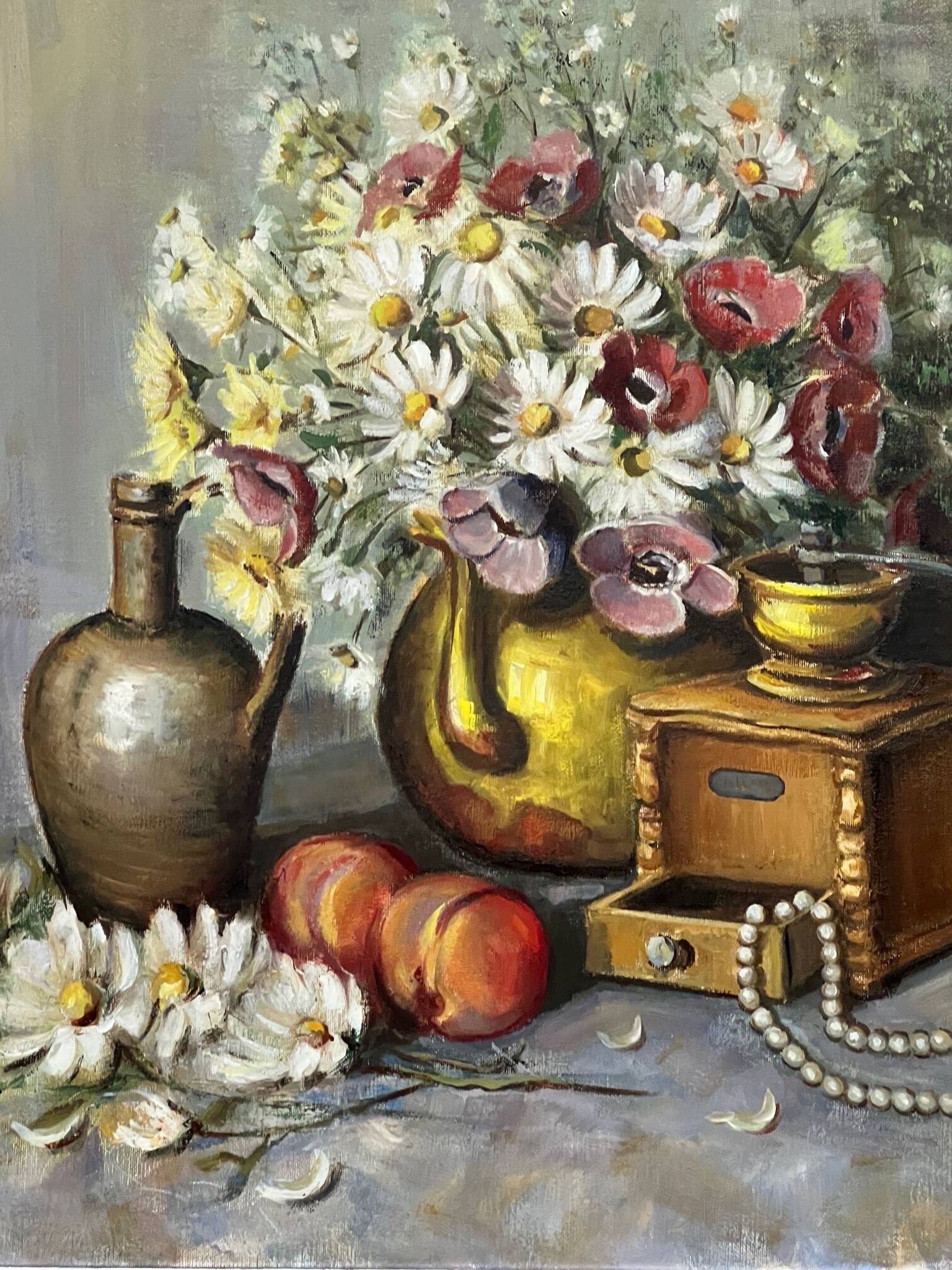 Still life with flowers and pearls signed.
