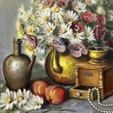 Nature morte aux fleurs et perles signée.