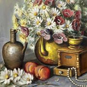 Still life with flowers and pearls signed.