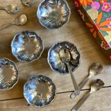 Vintage ice cream service, stainless steel cups and spoons