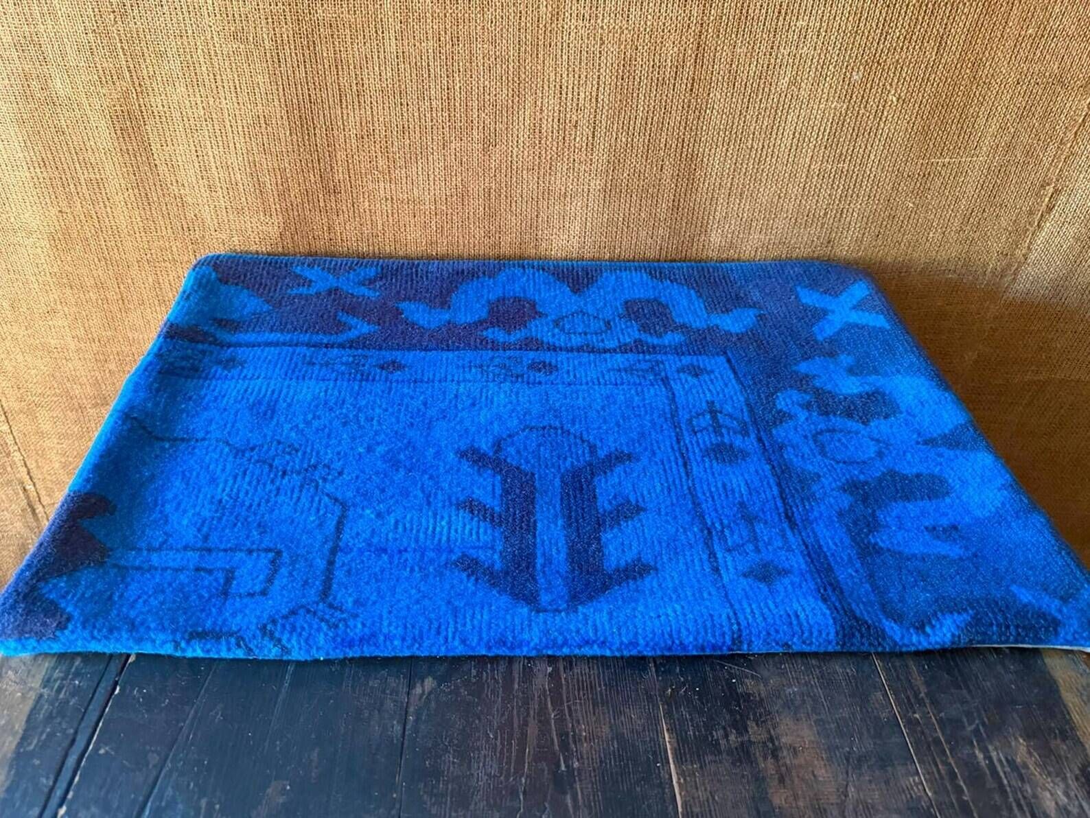 Electric Blue Vintage Turkish Rug Pillow, Hand-Stitched Wool Cushion