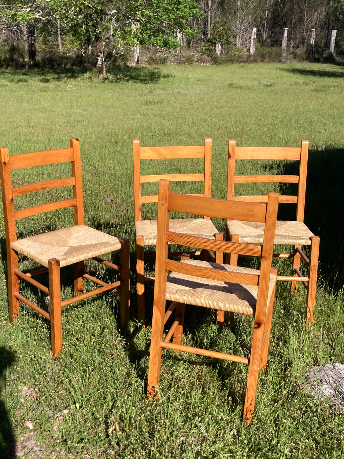 4 straw chairs in vintage pine wood 1980 1990