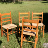 4 straw chairs in vintage pine wood 1980 1990