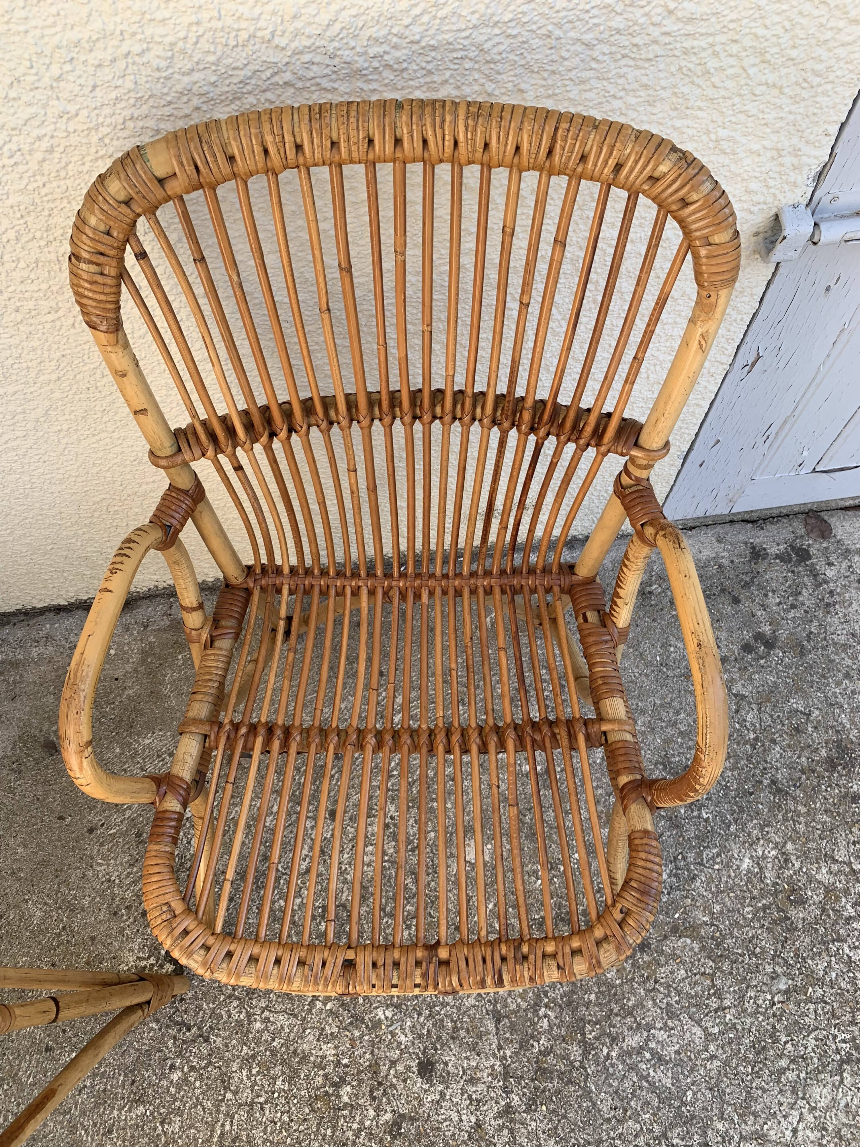 Chair and armchair in vintage rattan 1950