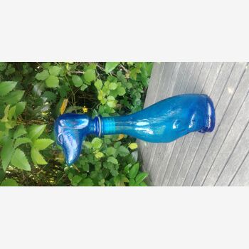 Large carafe in the shape of a dog "dachshund" in vintage Empoli blue glass
