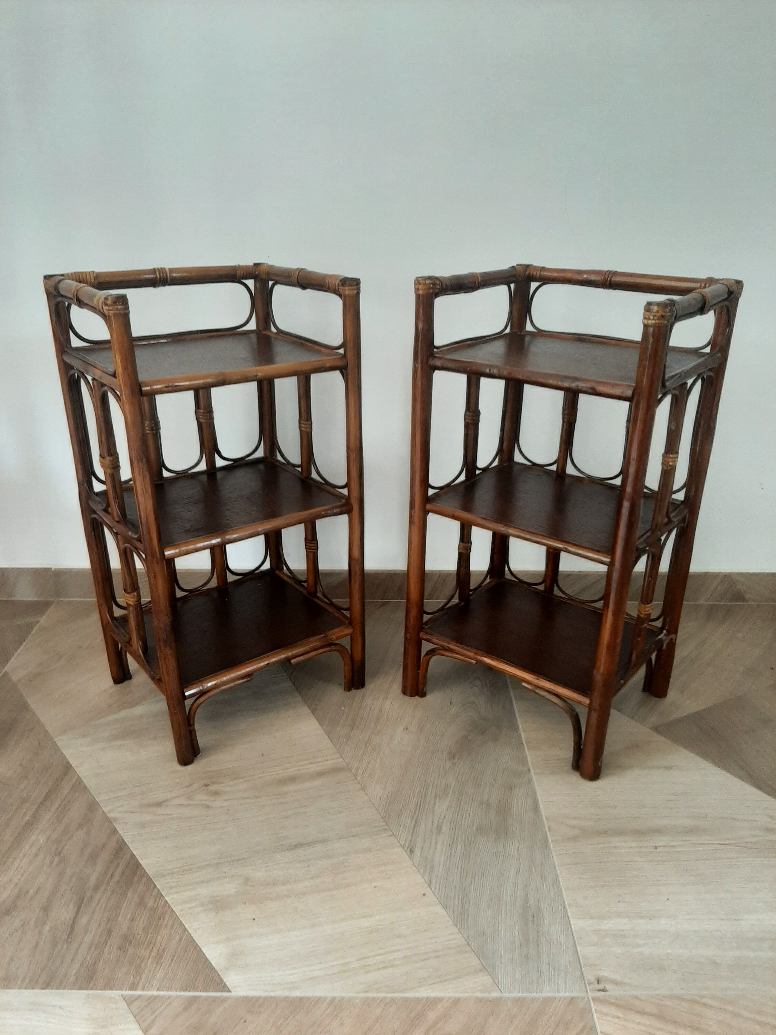 Vintage - set of 2 shelves of wooden floor, bamboo and rattan - 3 levels- retro 80s