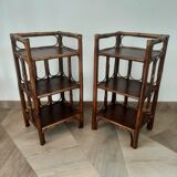 Vintage - set of 2 shelves of wooden floor, bamboo and rattan - 3 levels- retro 80s