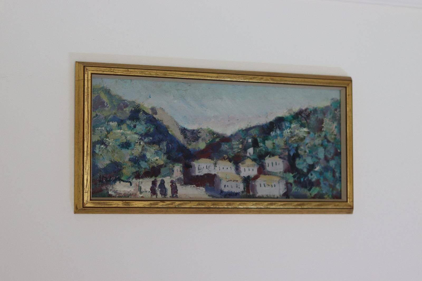 Original mid-century Swedish oil on panel "Village" by Bertil Wahlberg.