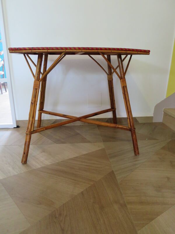 Table de jeu en bois, bambou et rotin, années 60
