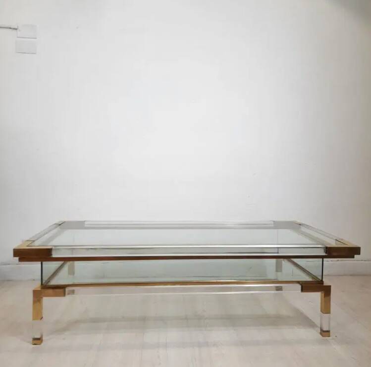 coffee table, table with sliding top, brass plexiglass crystal  vintage anni 70