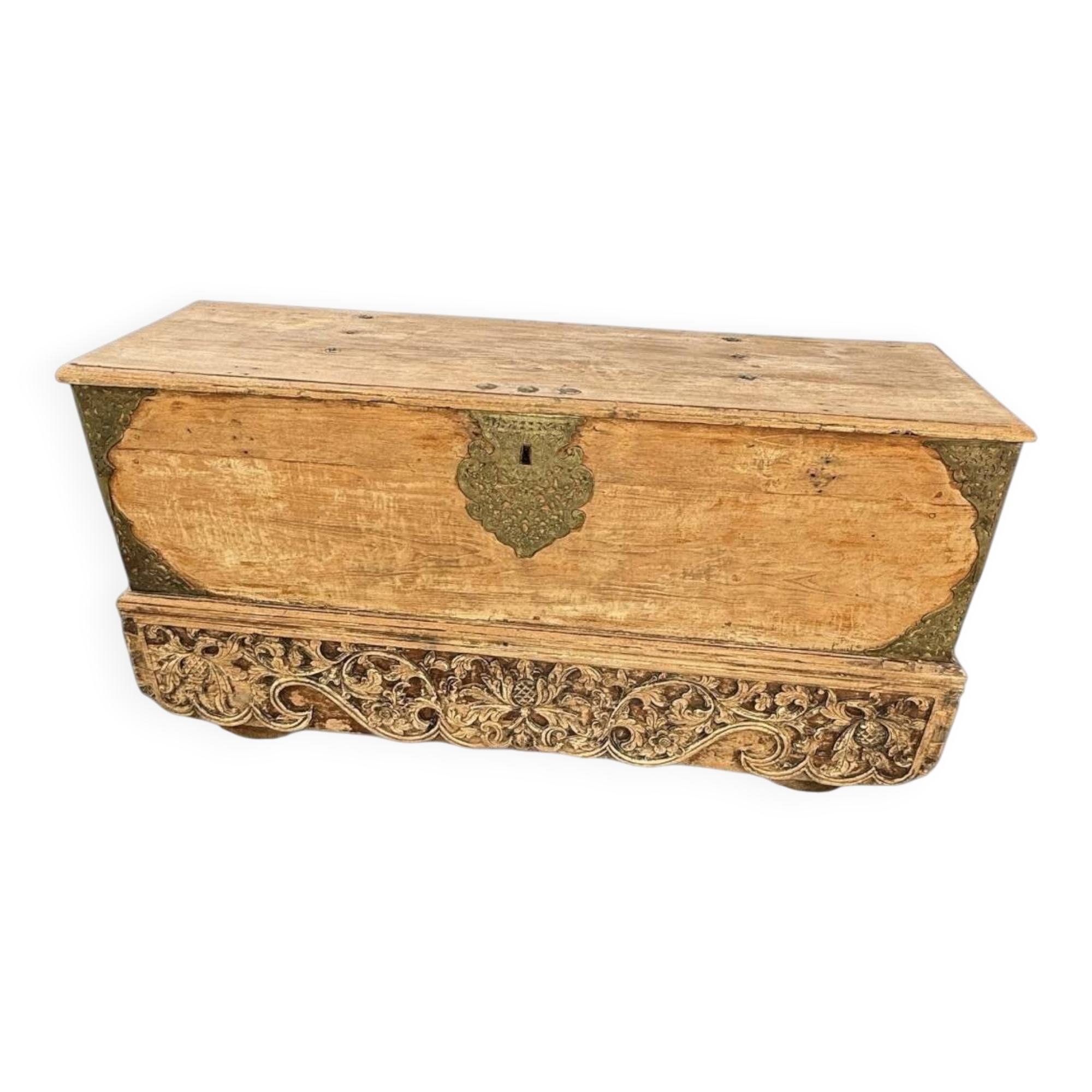 Large antique Asian travel chest made of mango wood.