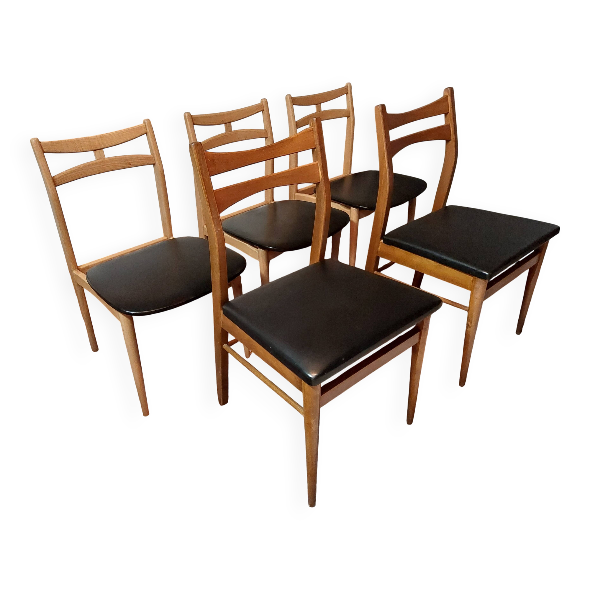 5 Scandinavian style chairs, wood and black faux leather.
