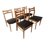 5 Scandinavian style chairs, wood and black faux leather.