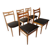 5 Scandinavian style chairs, wood and black faux leather.