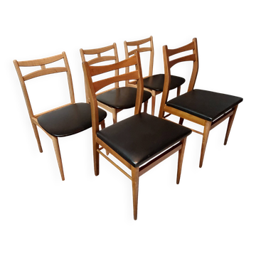 5 Scandinavian style chairs, wood and black faux leather.