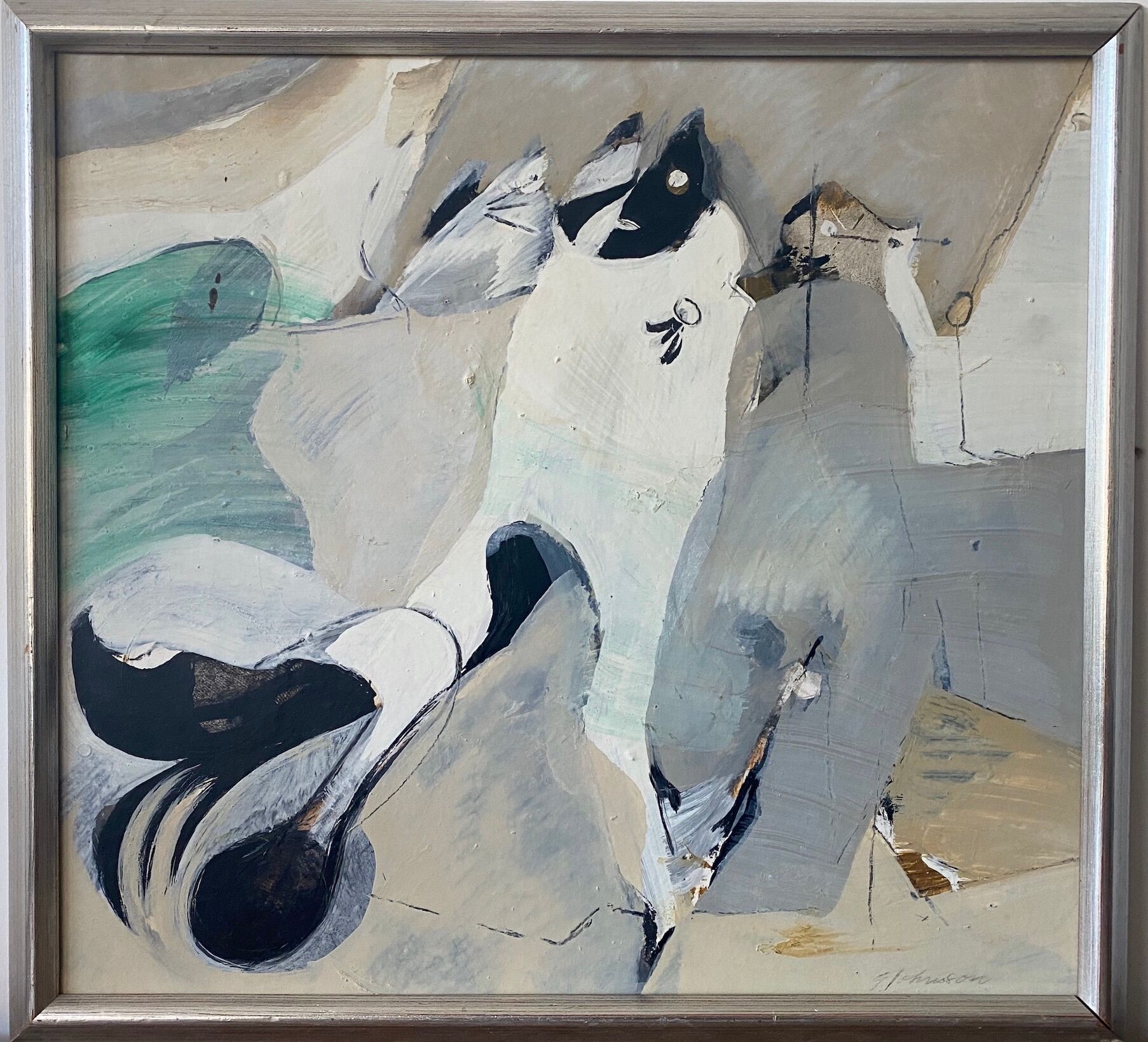 Mid-Century Modern "Flux" Swedish Vintage Abstract Oil Painting, Framed