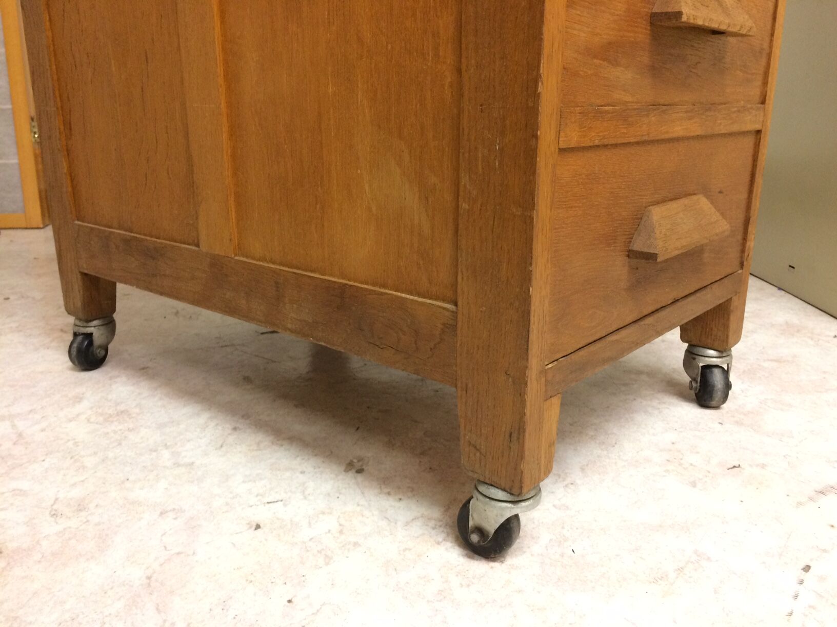 Old curtain oak wheeled box 1950