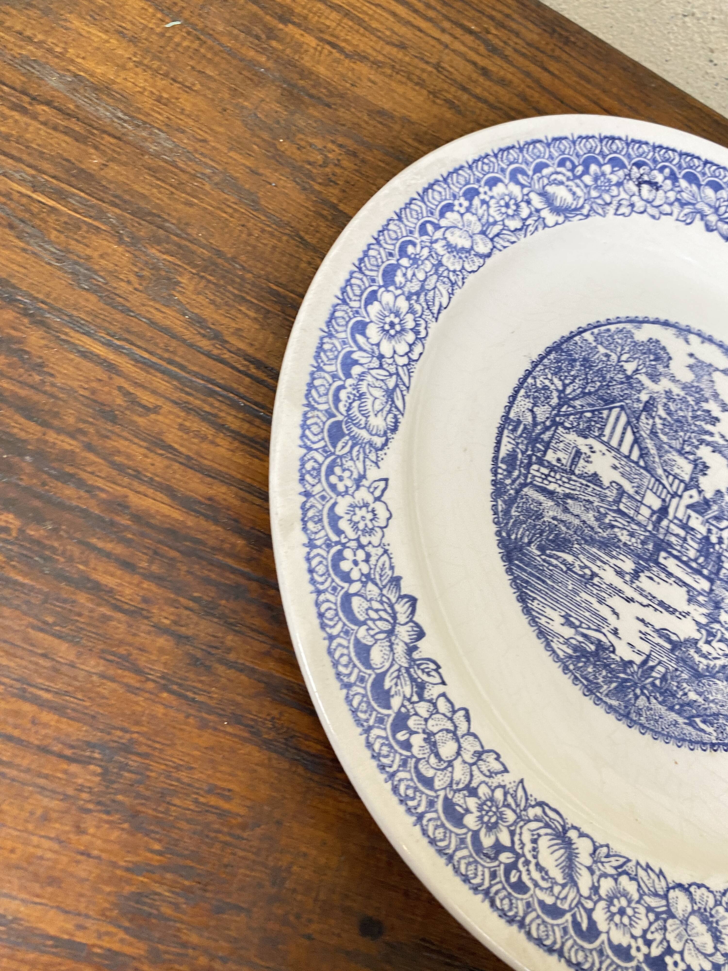 Large blue and white porcelain plate 20th art nouveau