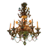 Venetian Chandelier In Multicolored Murano Glass With Green Dominance, Circa 1880