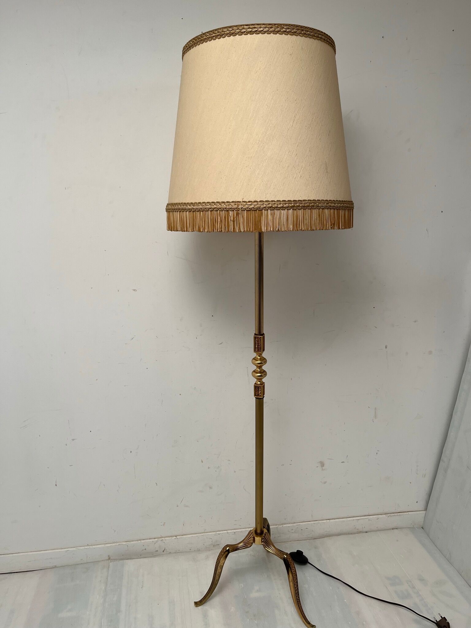 Vintage gilded brass tripod floor lamp