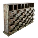 Workshop furniture in patinated solid wood with 56 drawers and 8 lockers