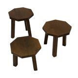 Tables d'appoint hexagonales brutalistes en chêne, années 1950, lot de 3