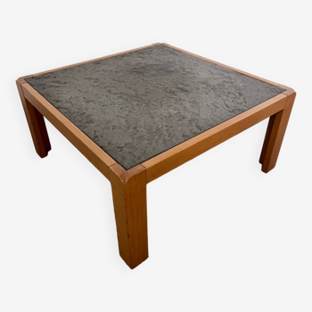 Ancienne table basse bois et pierre naturel design années 70