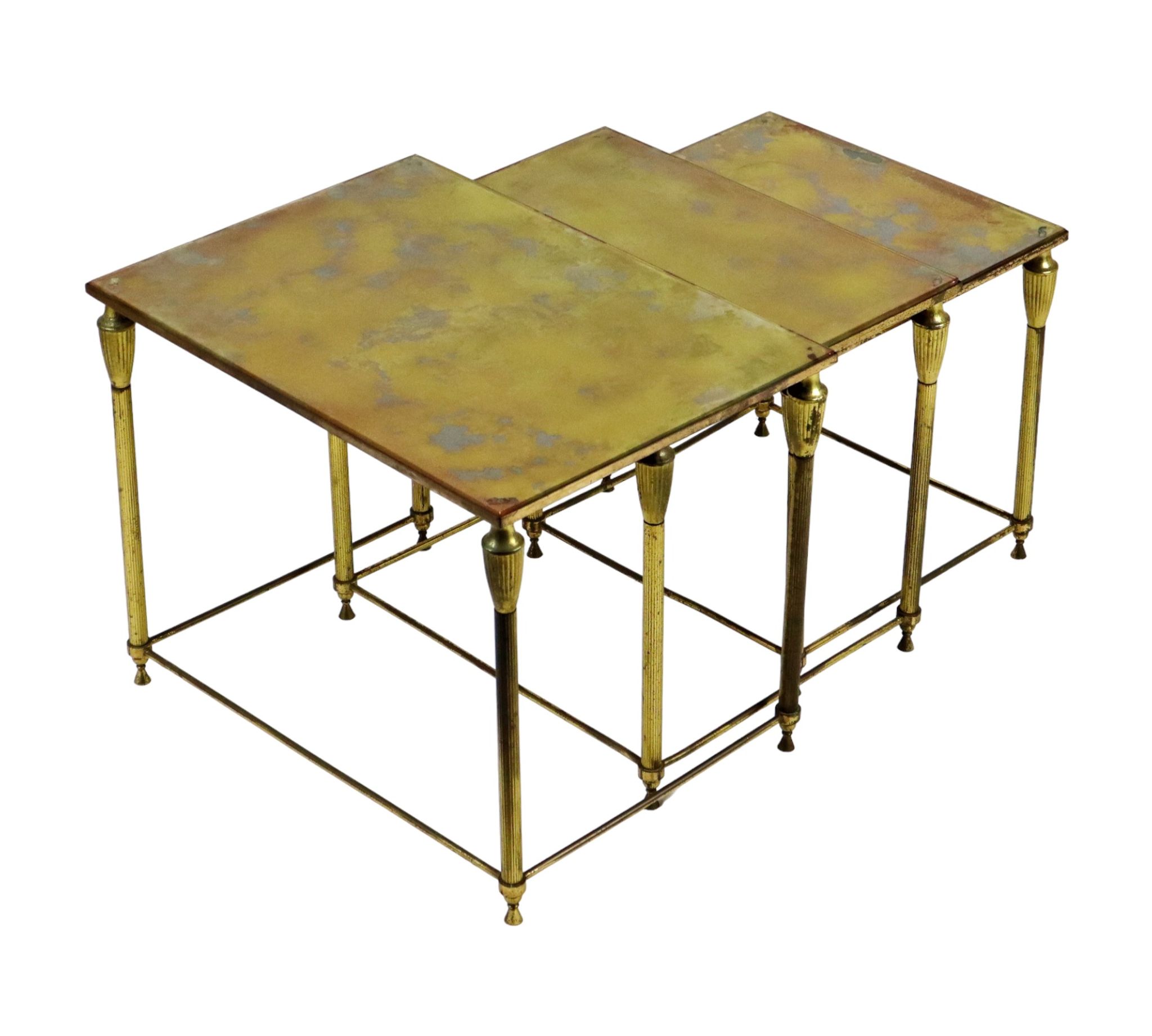 Vintage nesting table set france marbled glass copper plated metal fifties