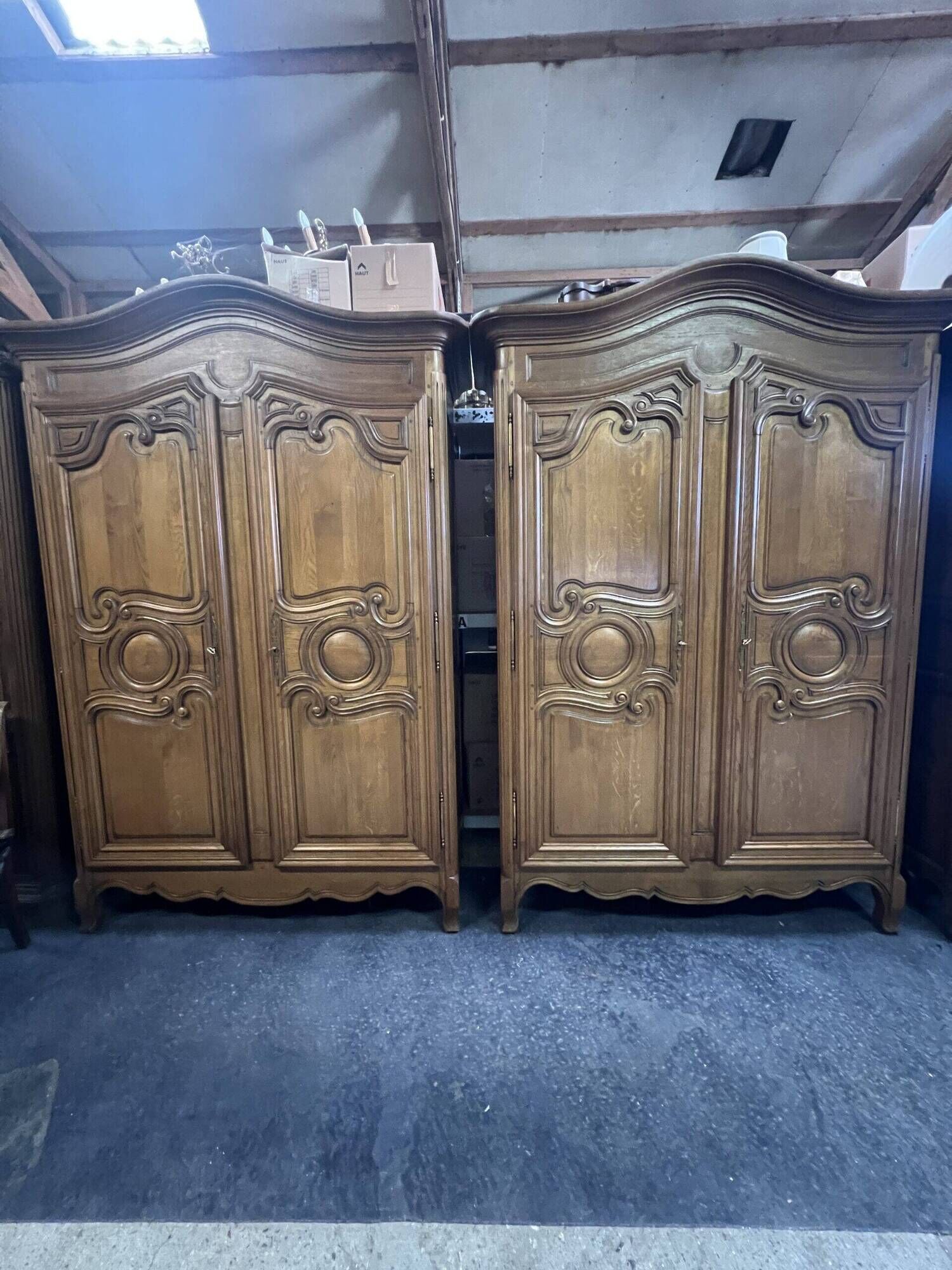 Pair of high-quality solid oak Norman wardrobes, "Cauchoise" model from the 1960s-1970s.