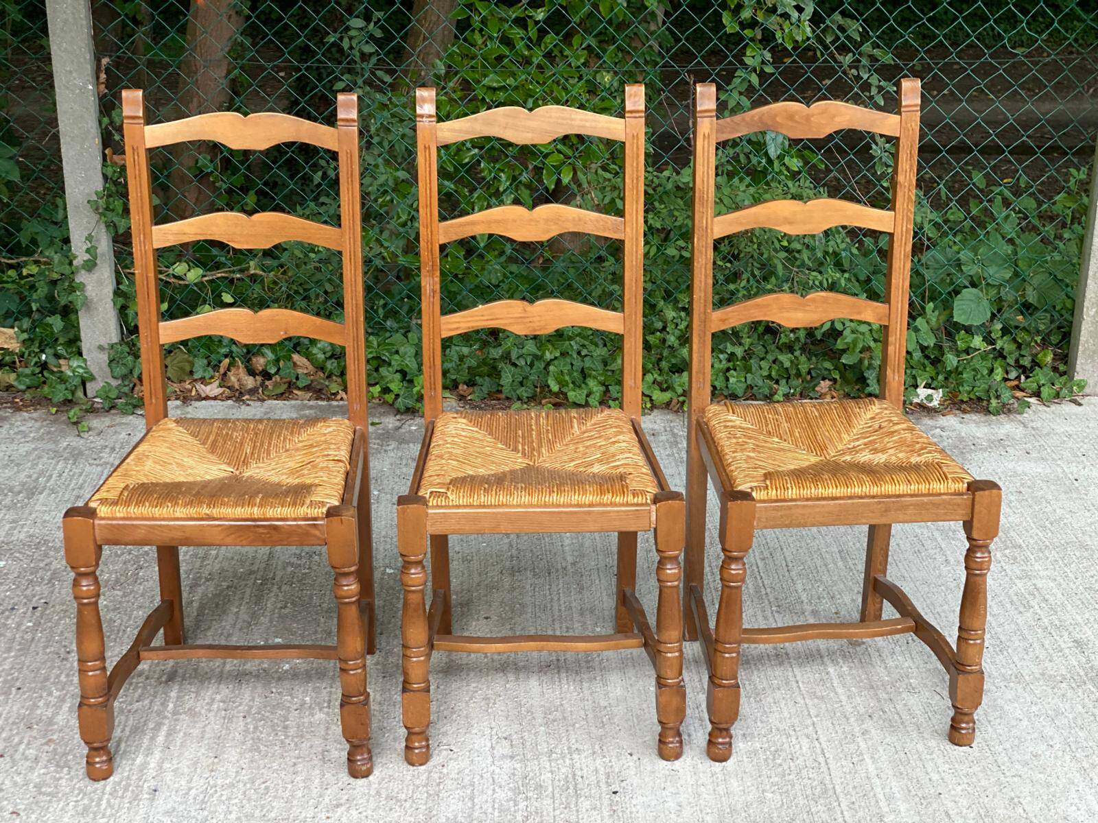 3 solid wood straw chairs, firm type, high back