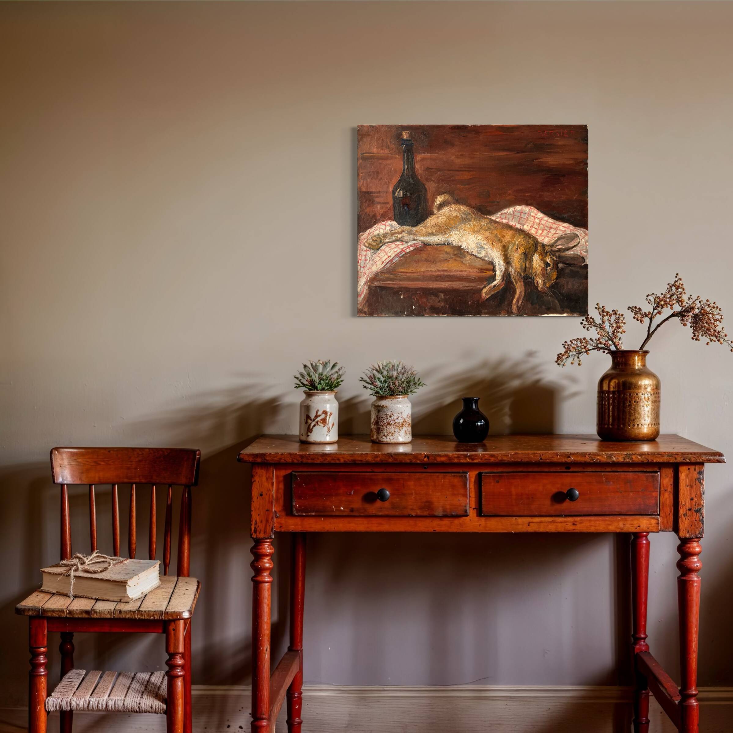 Oil painting on canvas of a still life with a hare circa 1950