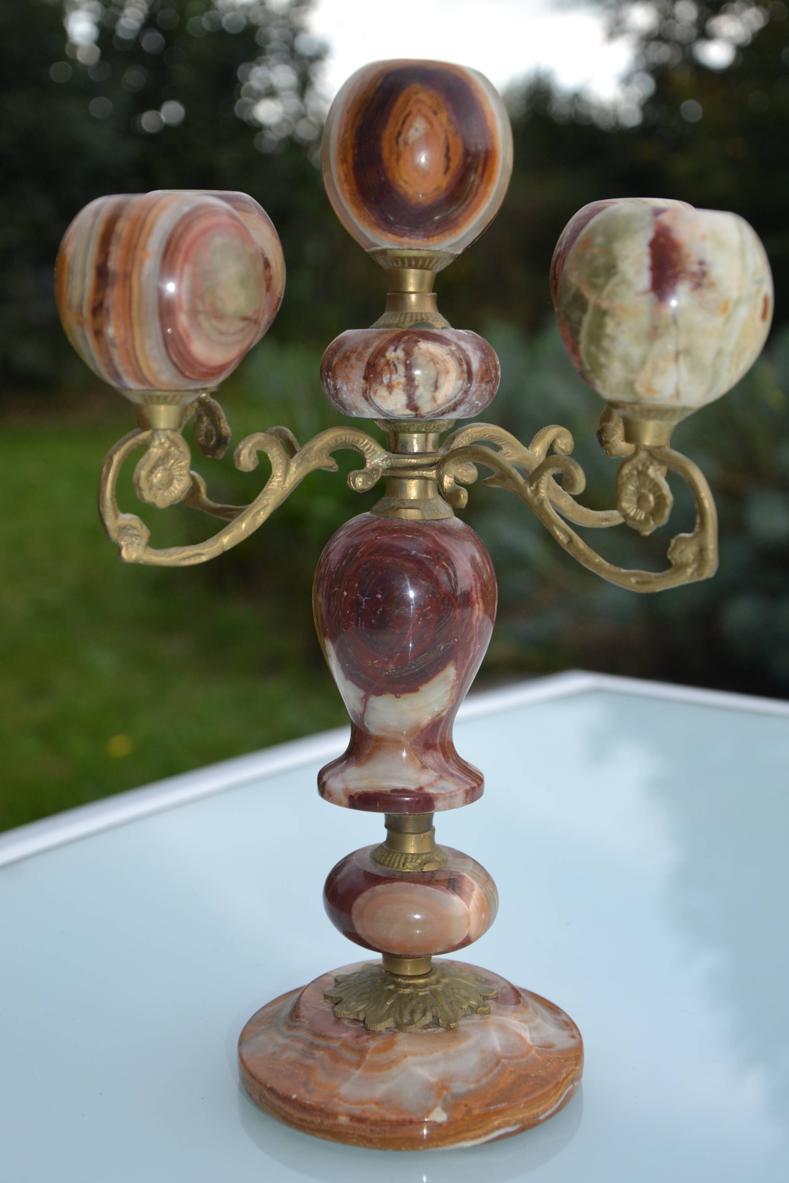 4-branch onyx and brass chandelier/candelabra