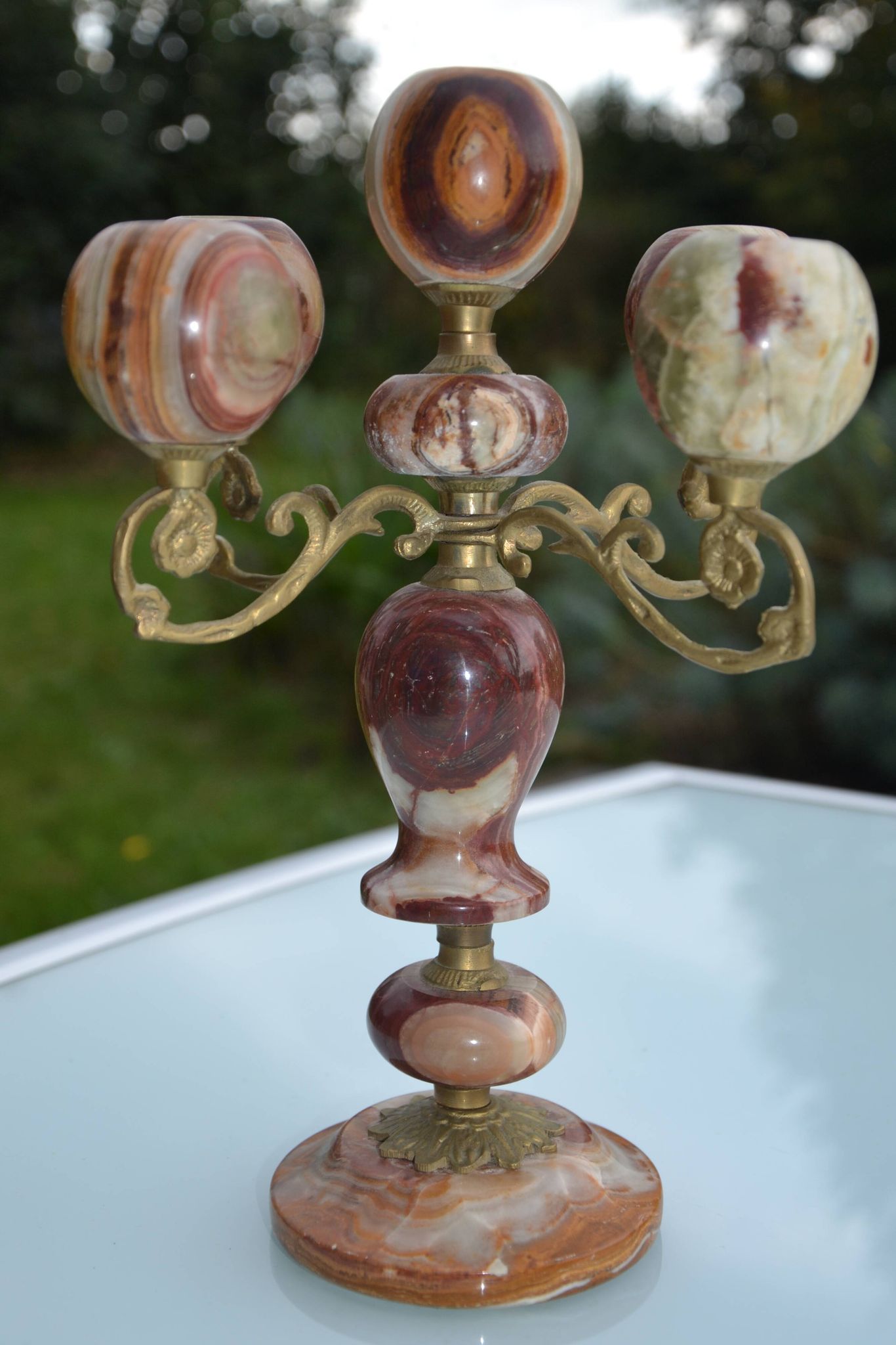 4-branch onyx and brass chandelier/candelabra