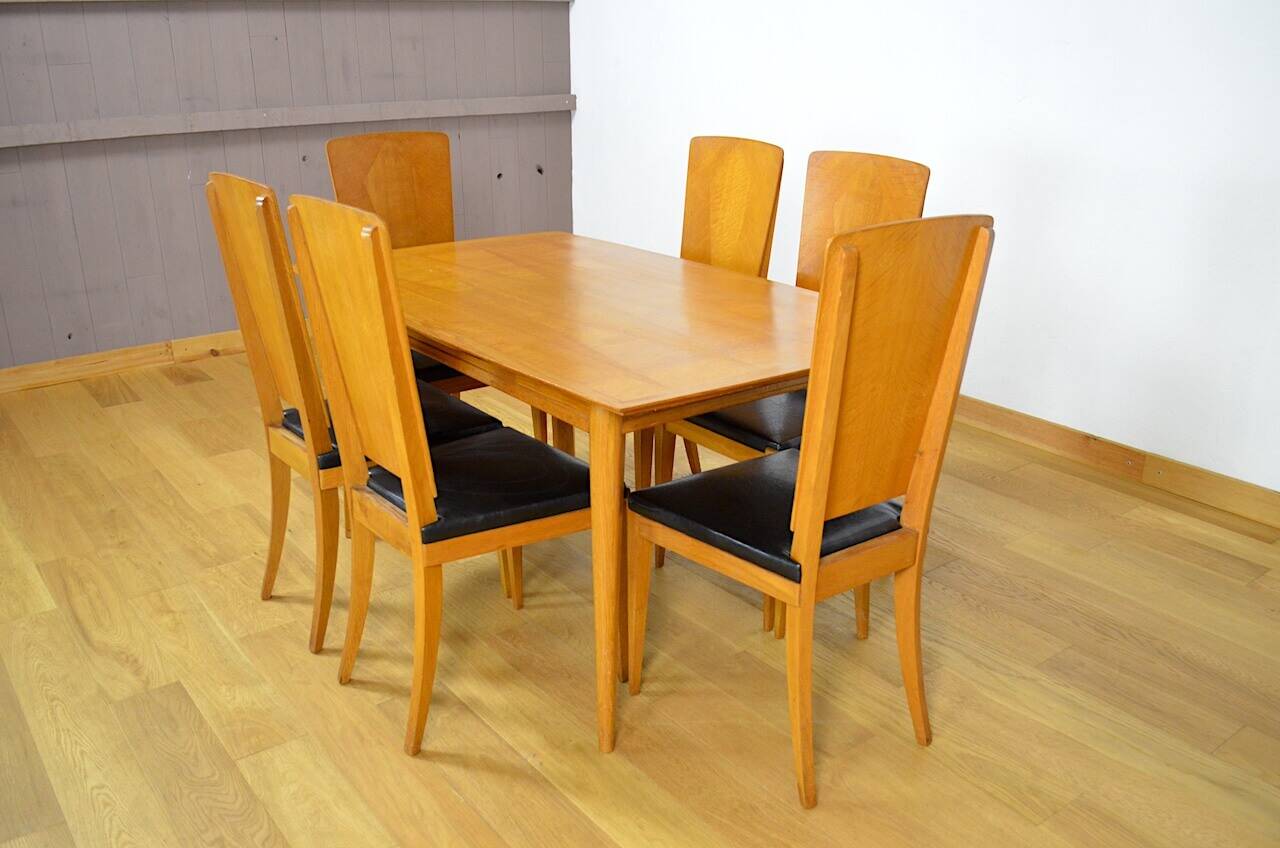 6 Vintage Light Oak Chairs, France 1960