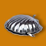 Vintage stainless steel and glass shell butter dish with knife