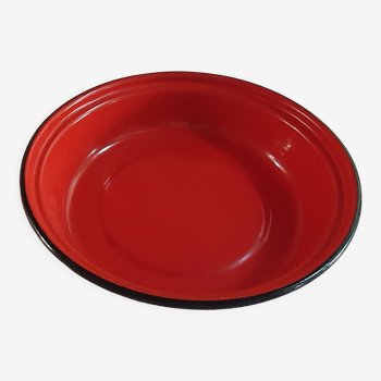 Plat émaillé rouge vintage bord noir diamètre 28 cm