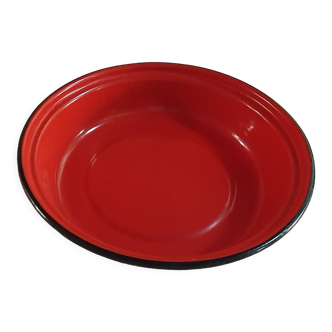 Plat émaillé rouge vintage bord noir diamètre 28 cm