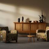 Modern Danish pair of curved lounge chairs, original fabric, Fritz Hansen, 1940.