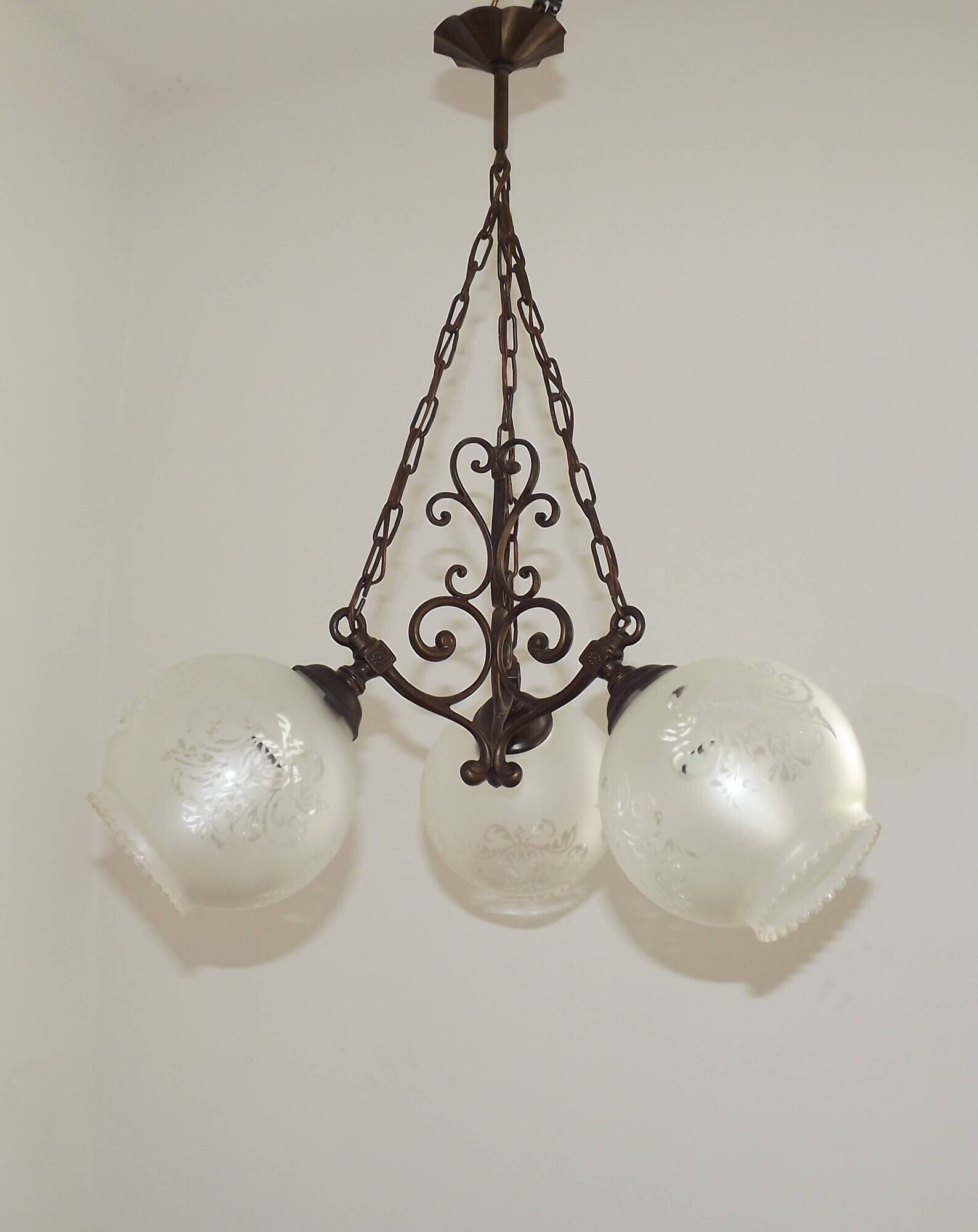 French Vintage 3 Light Bronze Effect Chandelier - Opaque Glass Ball Shades