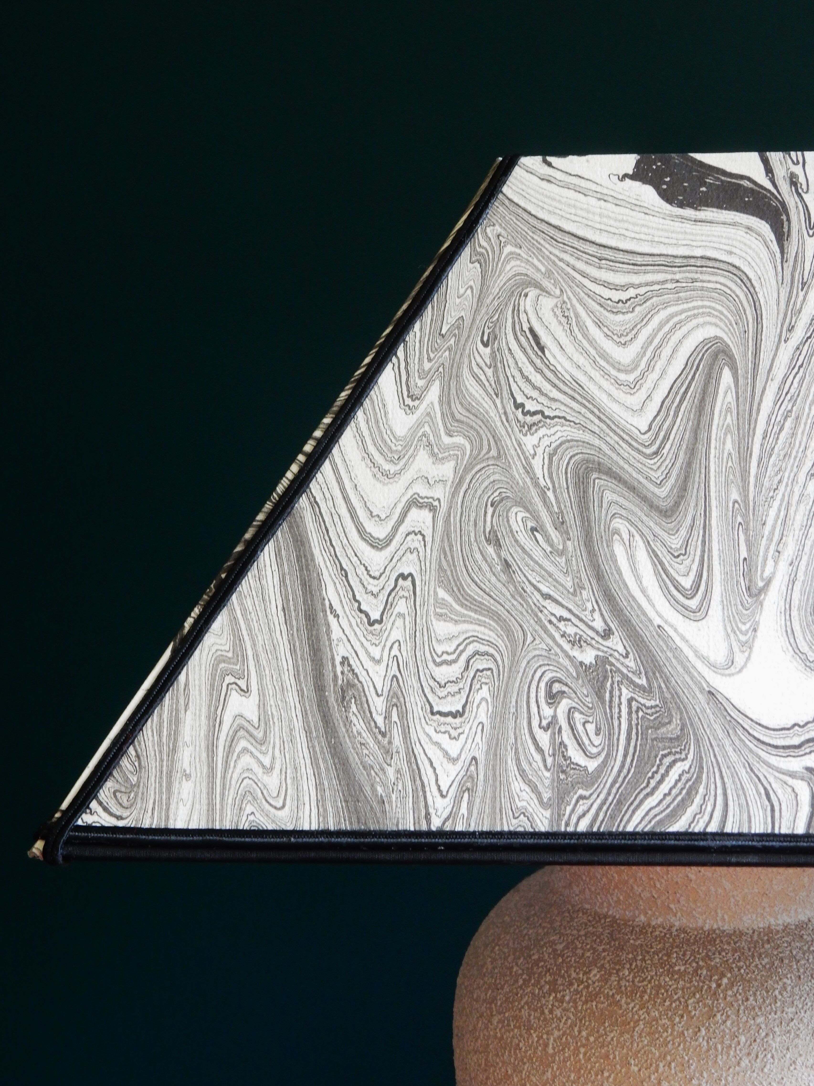 Vintage granite foot lamp and pyramid lampshade in marbled paper