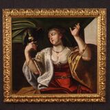 Tableau ancien du XVIIIe siècle, Dame au perroquet