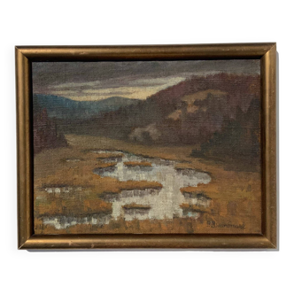 Peinture à l’huile de paysage de montagne impressionostique du milieu du 20e siècle signée encadrée