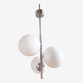 Suspension grappe 3 opalines rondes et inox design années 70