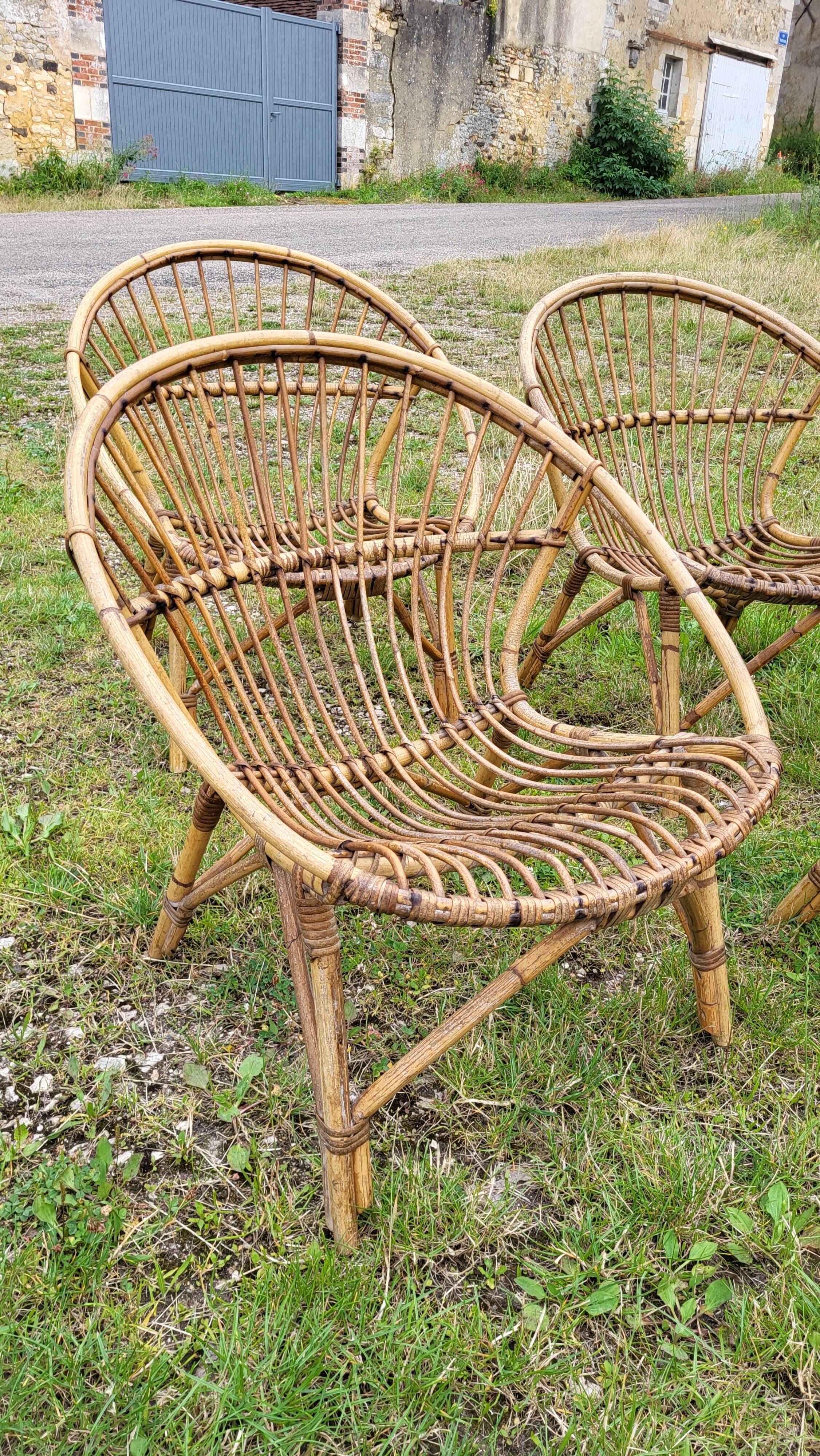 4 "shell" rattan armchairs 1960's