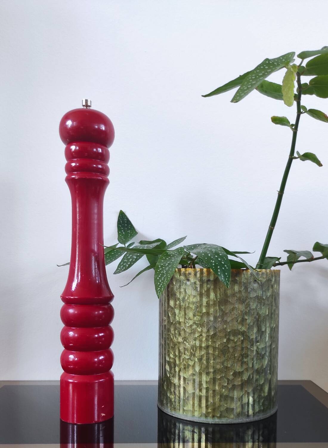 Giant vintage red lacquered wooden pepper mill
