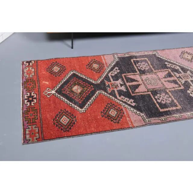 Vintage Turkish hand-knotted wool cotton pink runner 82x312